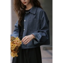 韓系翻領條紋牛仔外套